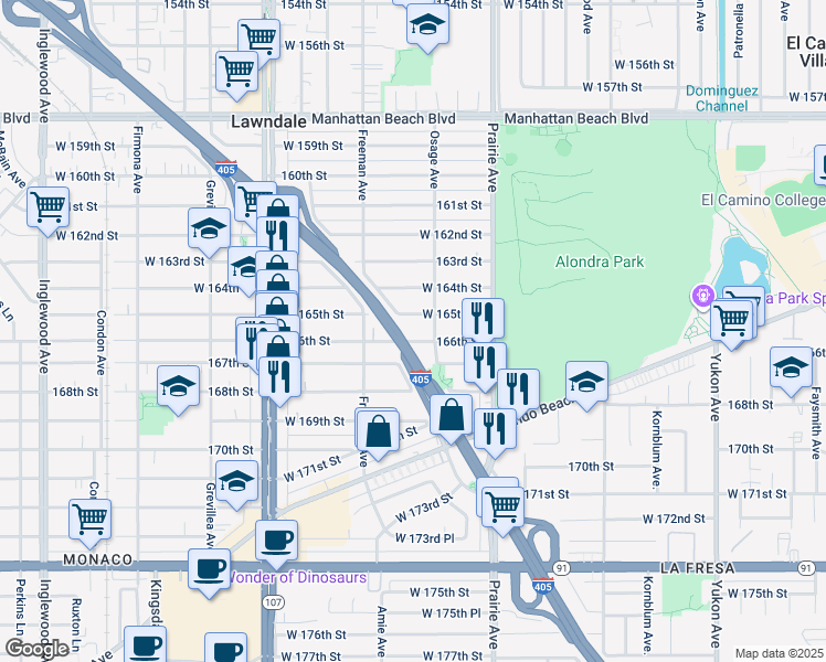 map of restaurants, bars, coffee shops, grocery stores, and more near 4123 166th Street in Lawndale