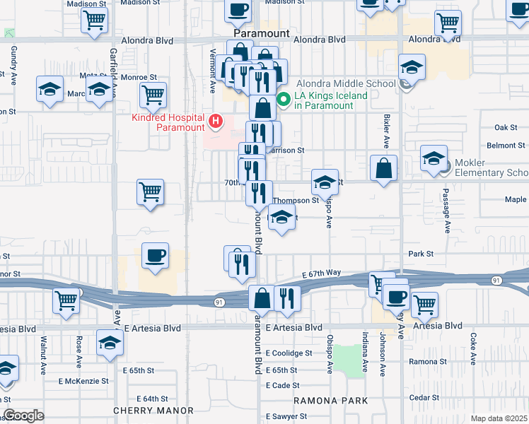 map of restaurants, bars, coffee shops, grocery stores, and more near 6938 Paramount Boulevard in Long Beach