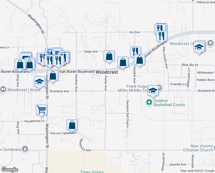 map of restaurants, bars, coffee shops, grocery stores, and more near 17504 Krameria Avenue in Riverside