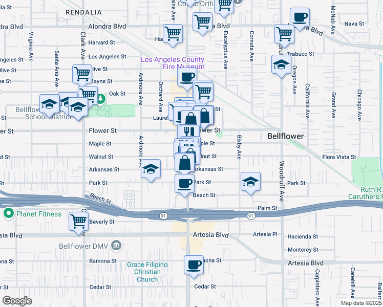 map of restaurants, bars, coffee shops, grocery stores, and more near 16922 Bellflower Boulevard in Bellflower