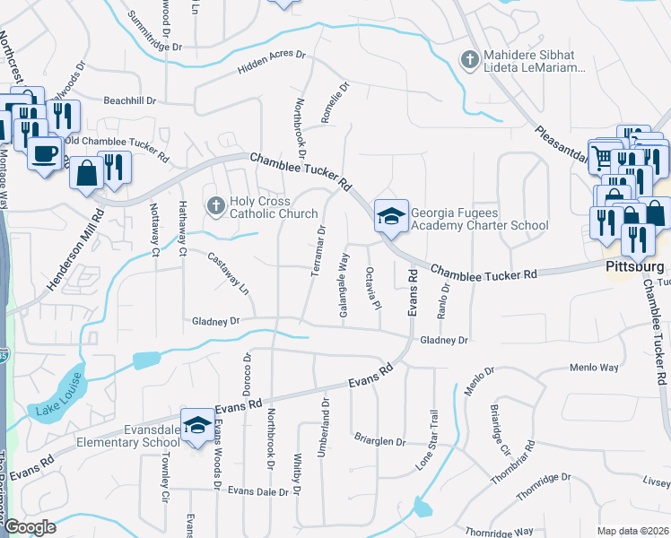 map of restaurants, bars, coffee shops, grocery stores, and more near 3120 Galangale Way in Atlanta