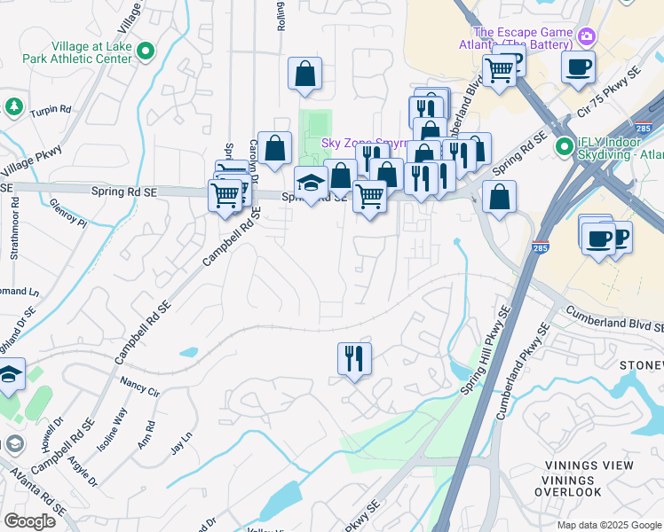 map of restaurants, bars, coffee shops, grocery stores, and more near 2964 Woodruff Drive Southeast in Smyrna