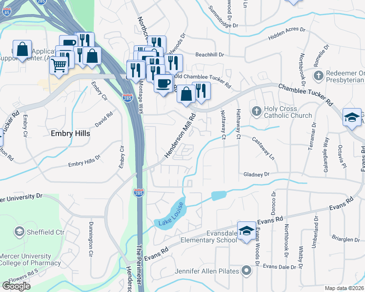 map of restaurants, bars, coffee shops, grocery stores, and more near 3514 Henderson Reserve in Chamblee