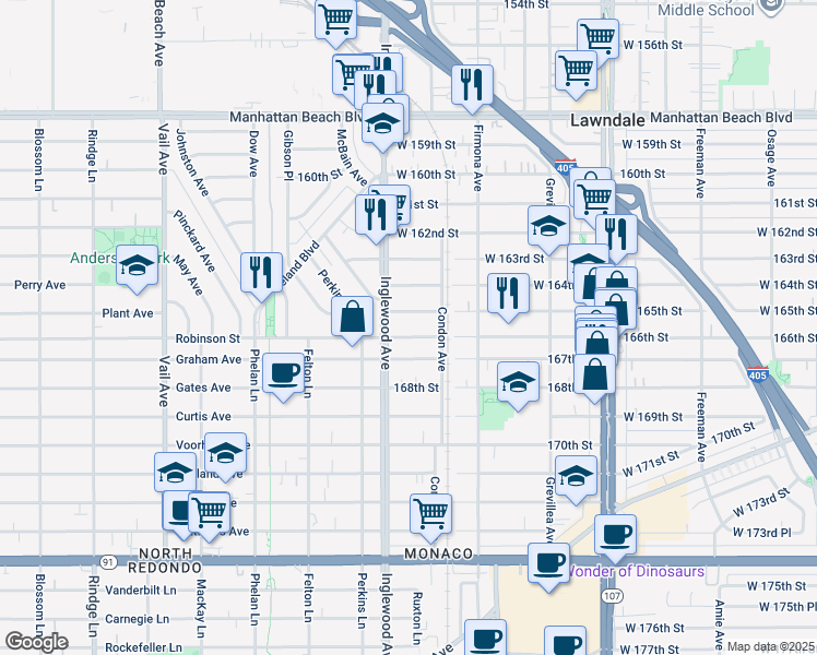 map of restaurants, bars, coffee shops, grocery stores, and more near 4739 166th Street in Lawndale