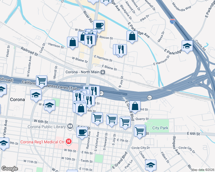 map of restaurants, bars, coffee shops, grocery stores, and more near 111 North Victoria Avenue in Corona