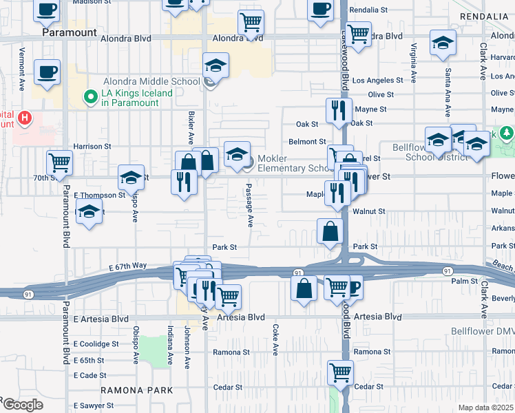 map of restaurants, bars, coffee shops, grocery stores, and more near 16852 Passage Avenue in Paramount