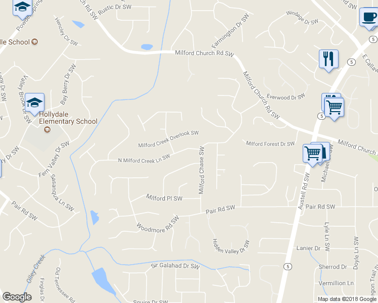 map of restaurants, bars, coffee shops, grocery stores, and more near 1520 North Milford Creek Lane Southwest in Marietta