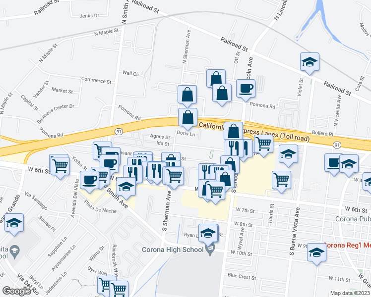 map of restaurants, bars, coffee shops, grocery stores, and more near 1242 D Street in Corona