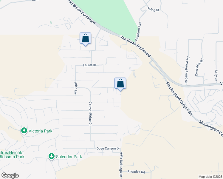 map of restaurants, bars, coffee shops, grocery stores, and more near 14425 Harvey Lane in Riverside