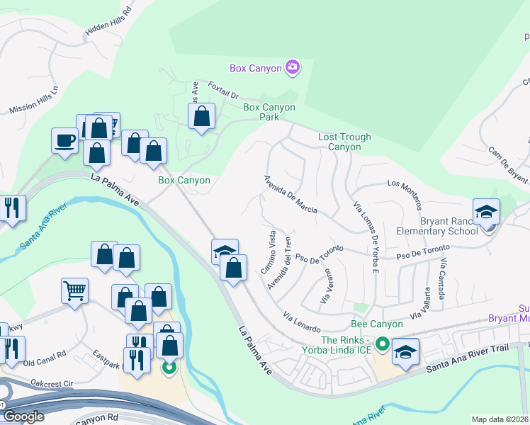 map of restaurants, bars, coffee shops, grocery stores, and more near 5350 Avenue De Michelle in Yorba Linda