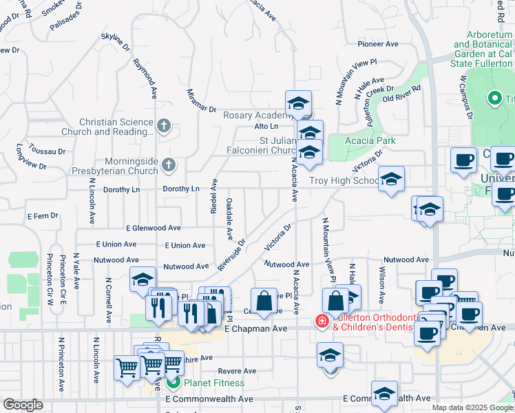 map of restaurants, bars, coffee shops, grocery stores, and more near 1100-1106 Ferndale Avenue in Fullerton