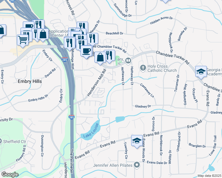 map of restaurants, bars, coffee shops, grocery stores, and more near 3112 Rockaway Road in Chamblee