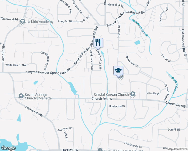 map of restaurants, bars, coffee shops, grocery stores, and more near 60 Landmark Court Southwest in Marietta