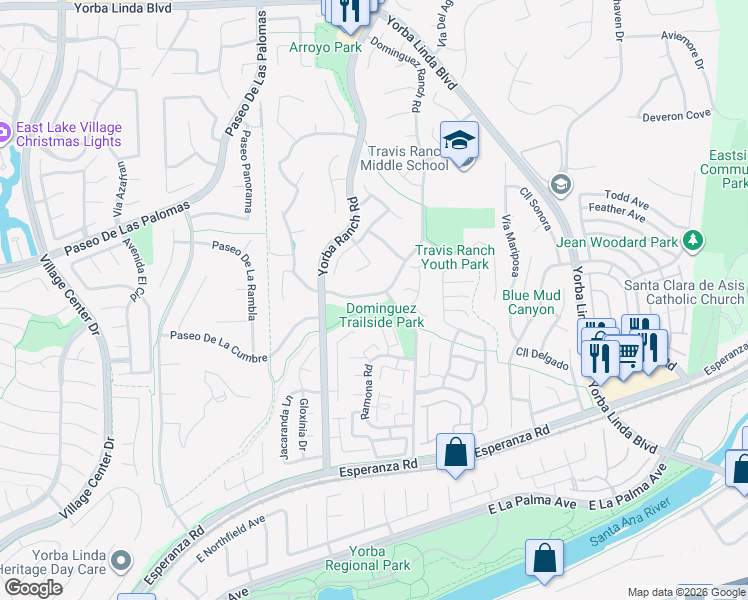 map of restaurants, bars, coffee shops, grocery stores, and more near 21132 Trailside Drive in Yorba Linda