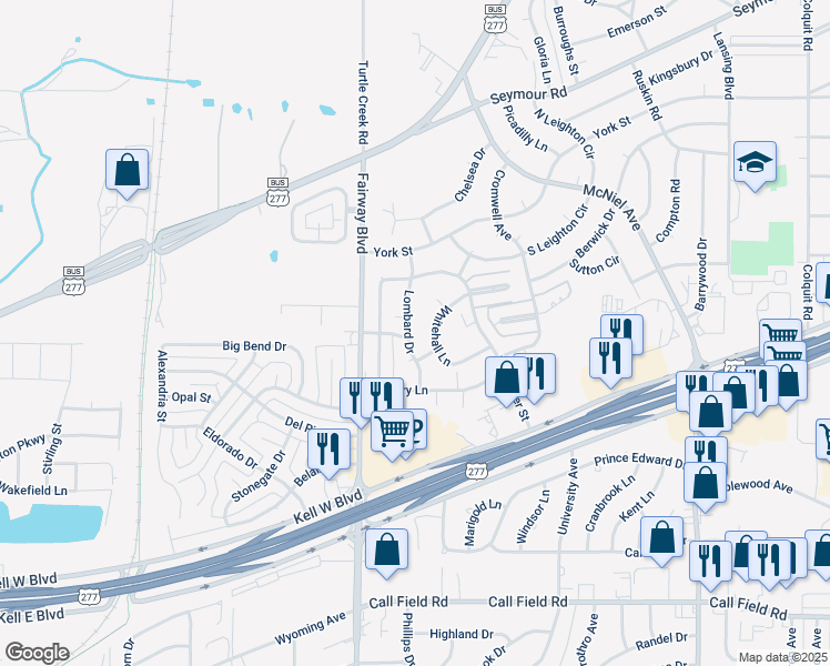 map of restaurants, bars, coffee shops, grocery stores, and more near 3015 Lombard Dr in Wichita Falls