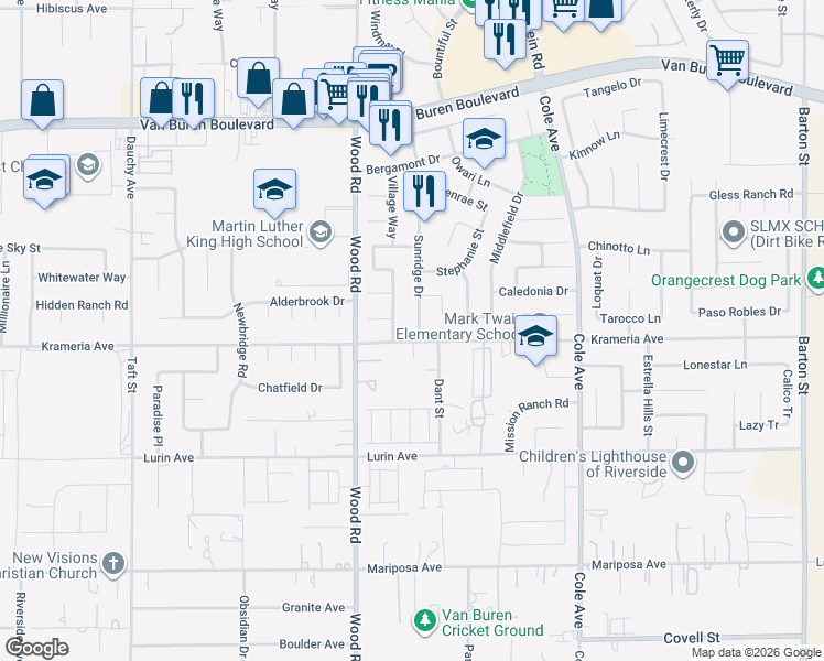 map of restaurants, bars, coffee shops, grocery stores, and more near 9325 Sunridge Drive in Riverside