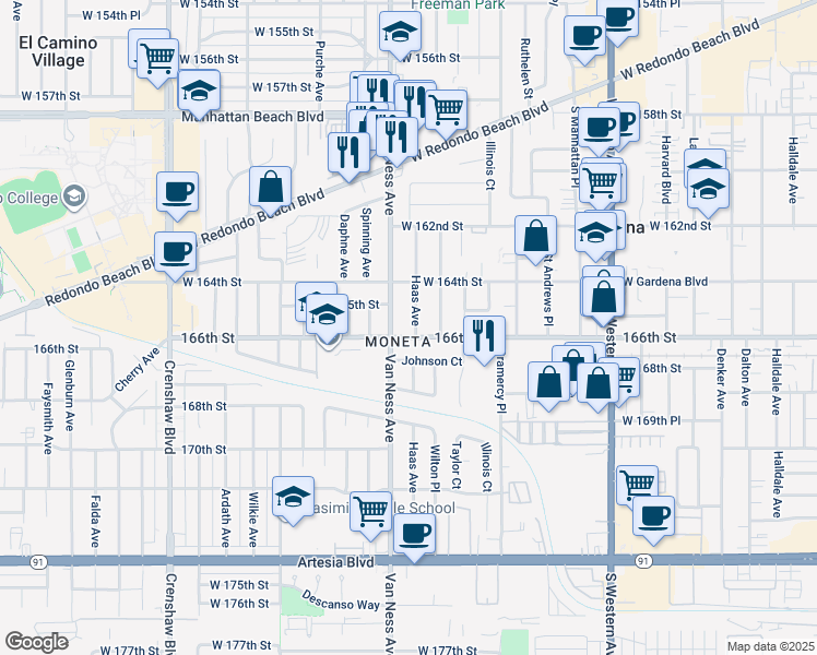 map of restaurants, bars, coffee shops, grocery stores, and more near 16515 Haas Avenue in Torrance