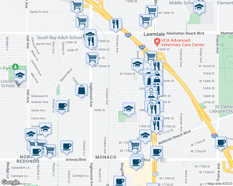 map of restaurants, bars, coffee shops, grocery stores, and more near 16515 Firmona Avenue in Lawndale