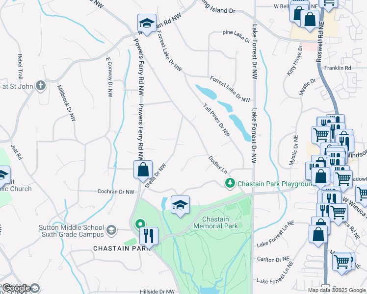 map of restaurants, bars, coffee shops, grocery stores, and more near 4591 Stella Drive Northwest in Atlanta