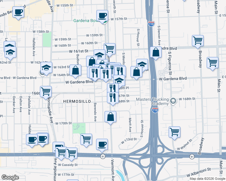 map of restaurants, bars, coffee shops, grocery stores, and more near 850 West 165th Place in Gardena