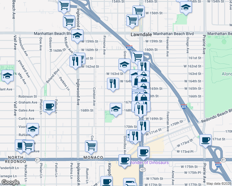 map of restaurants, bars, coffee shops, grocery stores, and more near 4535 166th Street in Lawndale