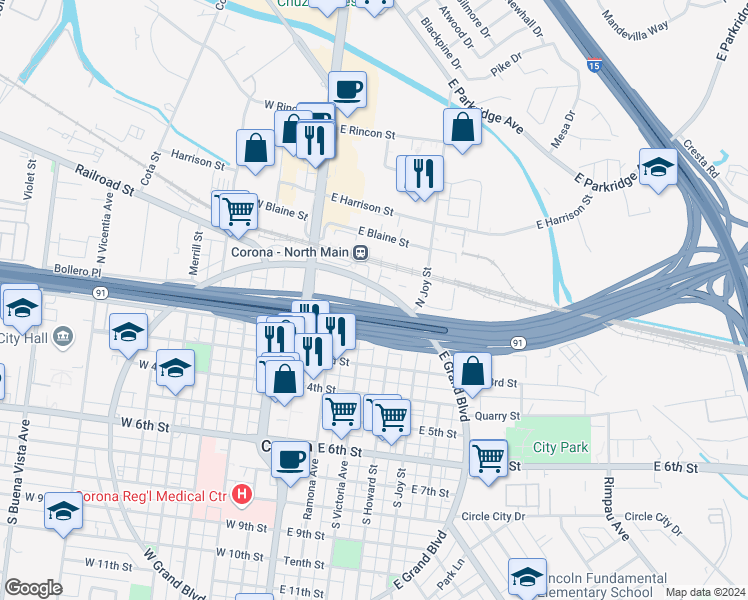 map of restaurants, bars, coffee shops, grocery stores, and more near 111 North Victoria Avenue in Corona