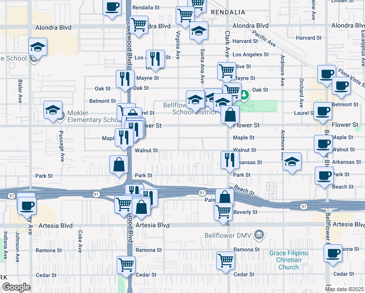 map of restaurants, bars, coffee shops, grocery stores, and more near 9205 Walnut Street in Bellflower