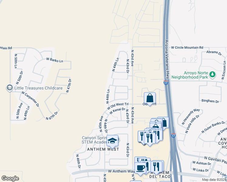 map of restaurants, bars, coffee shops, grocery stores, and more near 43608 North 44th Avenue in New River