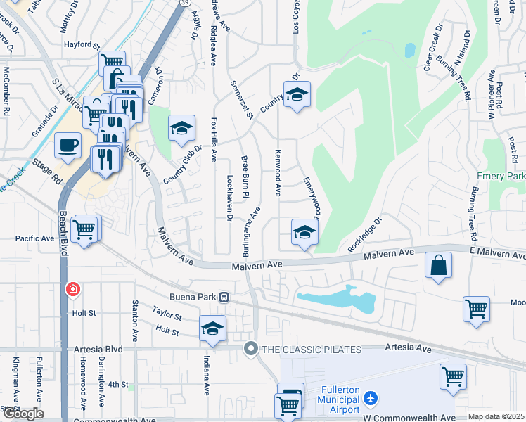 map of restaurants, bars, coffee shops, grocery stores, and more near 5522 Burlingame Avenue in Buena Park
