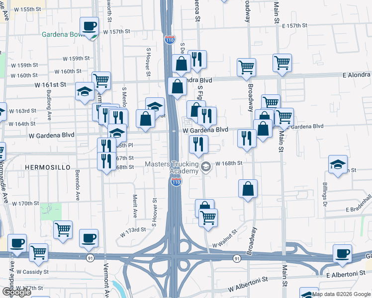 map of restaurants, bars, coffee shops, grocery stores, and more near 16615 South Denver Avenue in Gardena