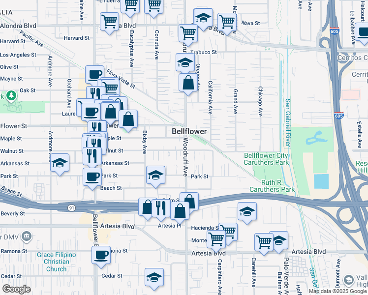 map of restaurants, bars, coffee shops, grocery stores, and more near 10145 Walnut Street in Bellflower