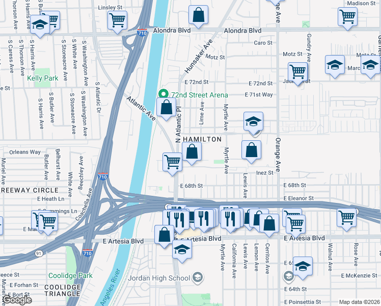 map of restaurants, bars, coffee shops, grocery stores, and more near 6920 Eastondale Avenue in Long Beach