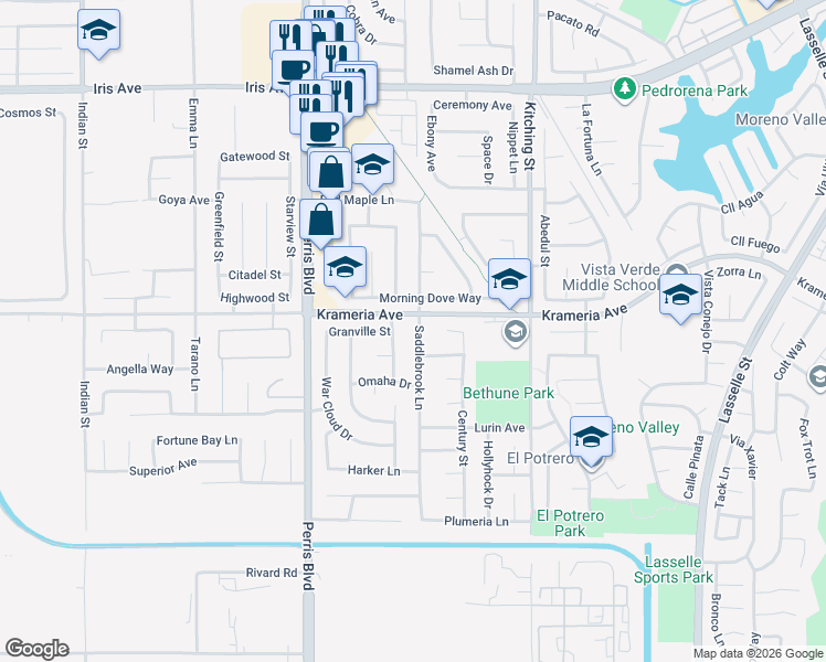 map of restaurants, bars, coffee shops, grocery stores, and more near 16521 Saddlebrook Lane in Moreno Valley