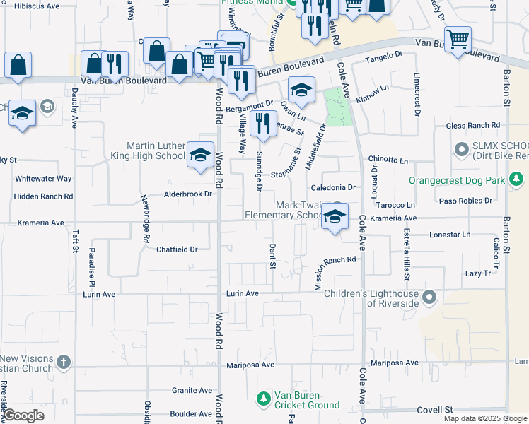 map of restaurants, bars, coffee shops, grocery stores, and more near 9324 Sunridge Drive in Riverside