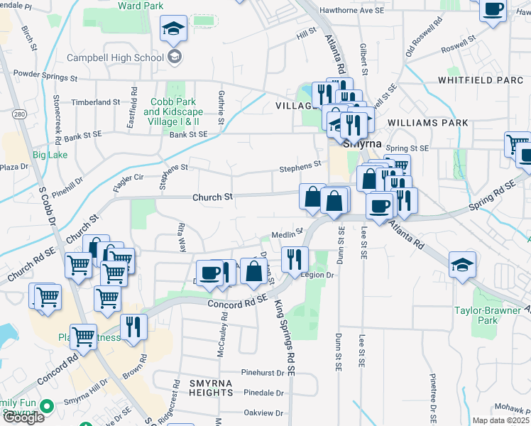 map of restaurants, bars, coffee shops, grocery stores, and more near 1143 Love Street in Smyrna
