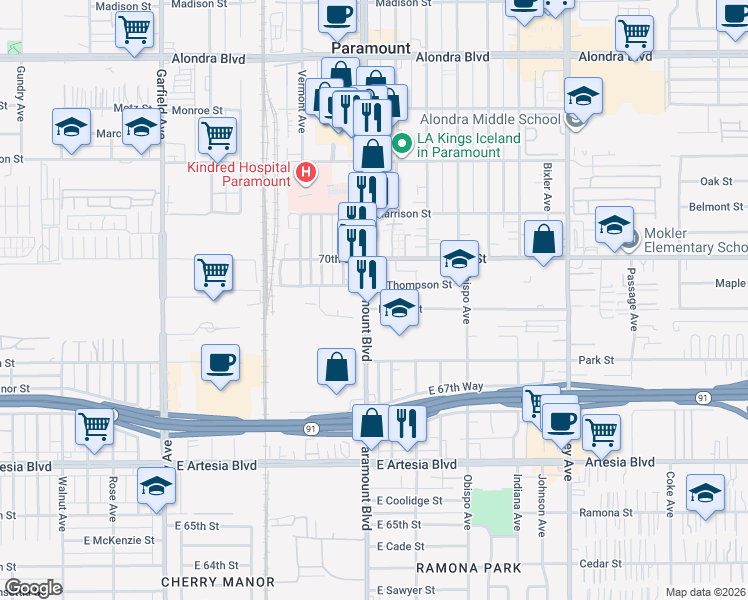 map of restaurants, bars, coffee shops, grocery stores, and more near 6938 Paramount Boulevard in Long Beach