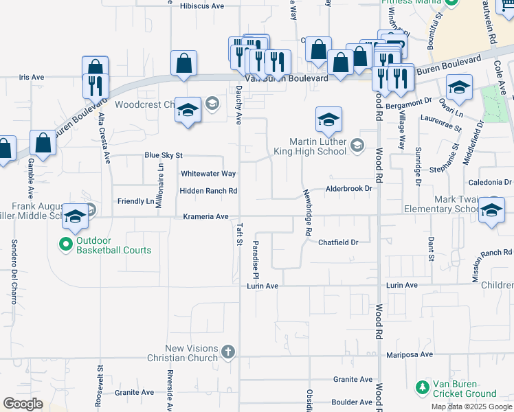 map of restaurants, bars, coffee shops, grocery stores, and more near 18551 Alderbrook Drive in Riverside