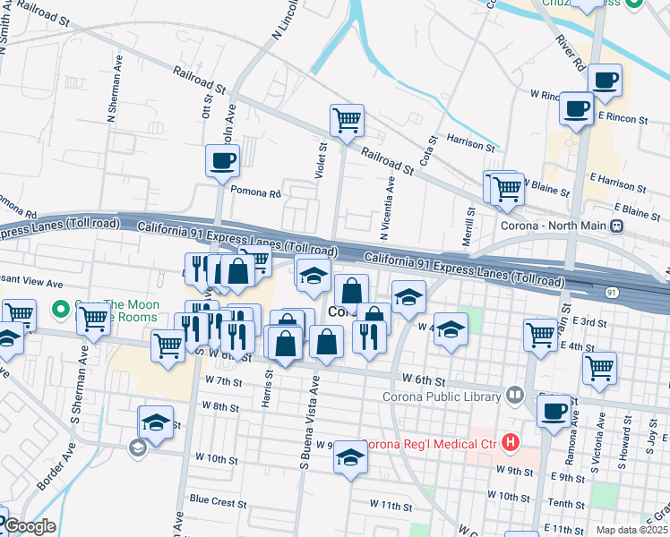map of restaurants, bars, coffee shops, grocery stores, and more near 206 South Buena Vista Avenue in Corona