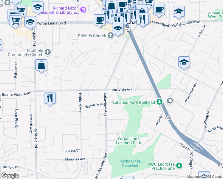 map of restaurants, bars, coffee shops, grocery stores, and more near 18211 Buena Vista Avenue in Yorba Linda