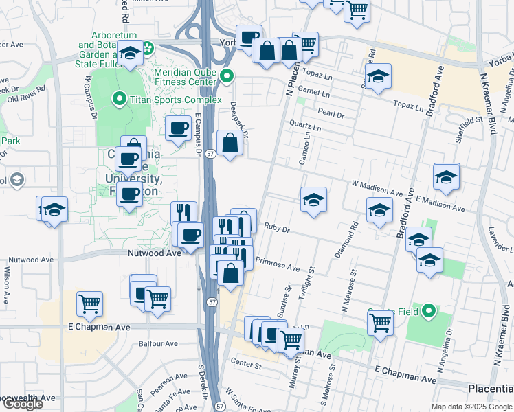 map of restaurants, bars, coffee shops, grocery stores, and more near 1001 East Ruby Drive in Fullerton