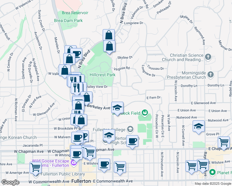map of restaurants, bars, coffee shops, grocery stores, and more near 1100 North Lemon Street in Fullerton