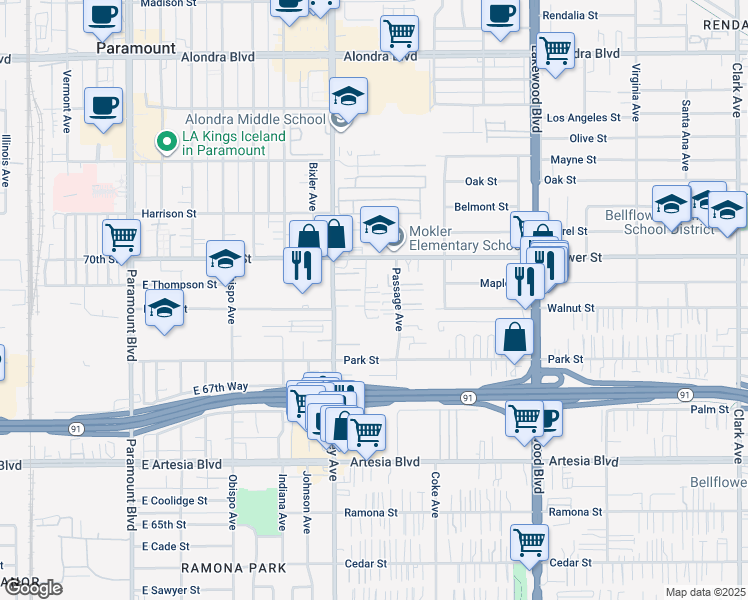 map of restaurants, bars, coffee shops, grocery stores, and more near 16849 Passage Avenue in Paramount