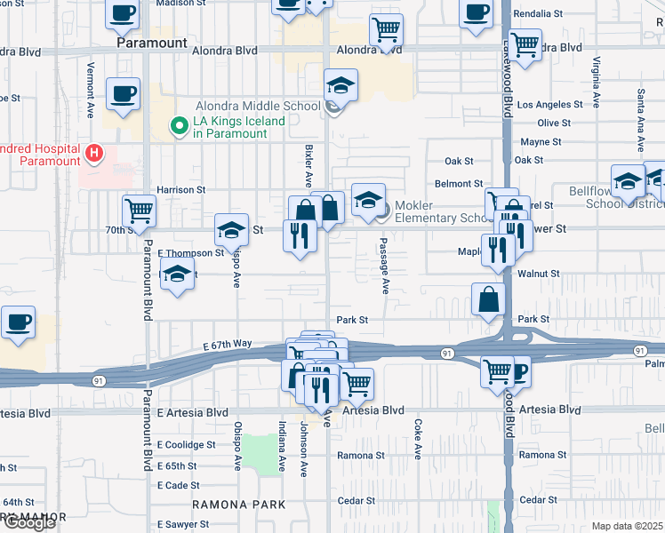 map of restaurants, bars, coffee shops, grocery stores, and more near 16850 Downey Avenue in Paramount
