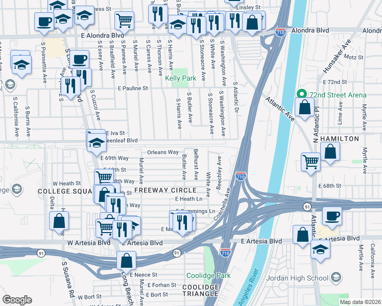 map of restaurants, bars, coffee shops, grocery stores, and more near 293 East 69th Way in Long Beach