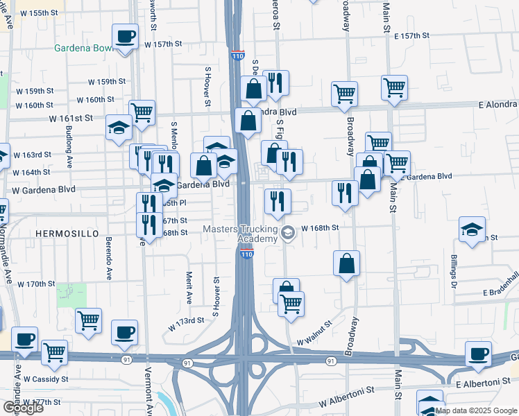 map of restaurants, bars, coffee shops, grocery stores, and more near 16615 South Denver Avenue in Gardena