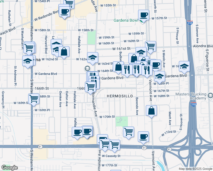 map of restaurants, bars, coffee shops, grocery stores, and more near 1267 166th Street in Gardena