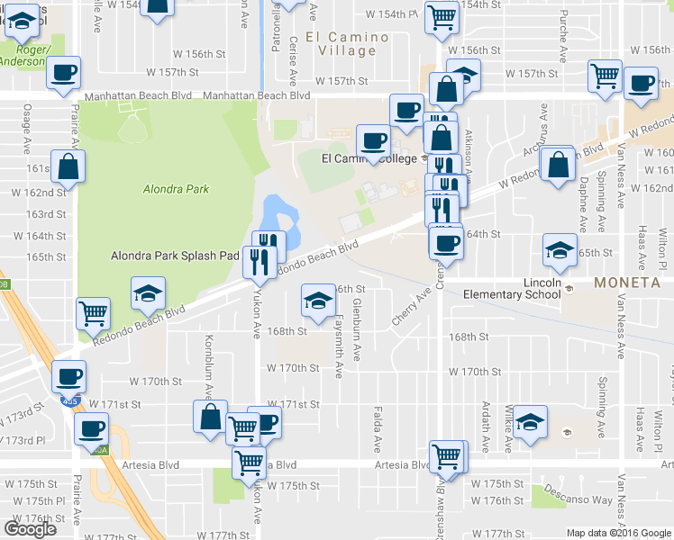 map of restaurants, bars, coffee shops, grocery stores, and more near 3344 Redondo Beach Boulevard in Torrance