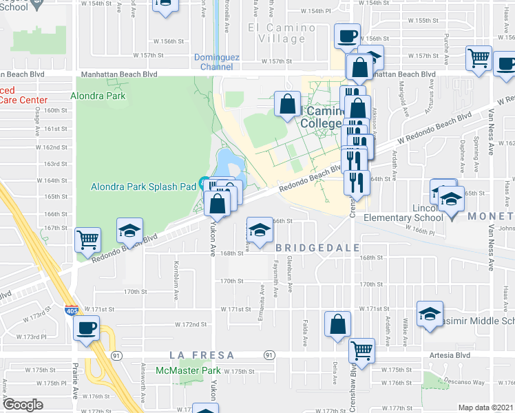map of restaurants, bars, coffee shops, grocery stores, and more near 3344 Redondo Beach Boulevard in Torrance