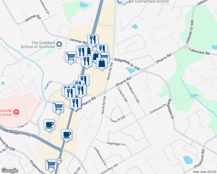 map of restaurants, bars, coffee shops, grocery stores, and more near 1861 Pharrs Road in Snellville