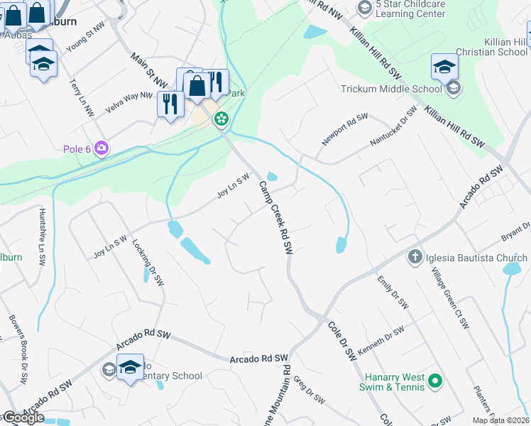 map of restaurants, bars, coffee shops, grocery stores, and more near 4908 Woodfall Drive Southwest in Lilburn